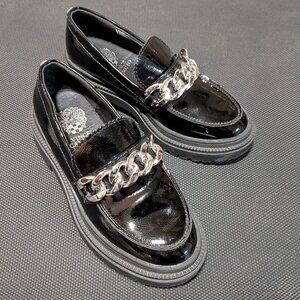 VINCE CAMUTO Girls Chunky Loafers - Black Patent Vegan - Silver Chain - Size 3